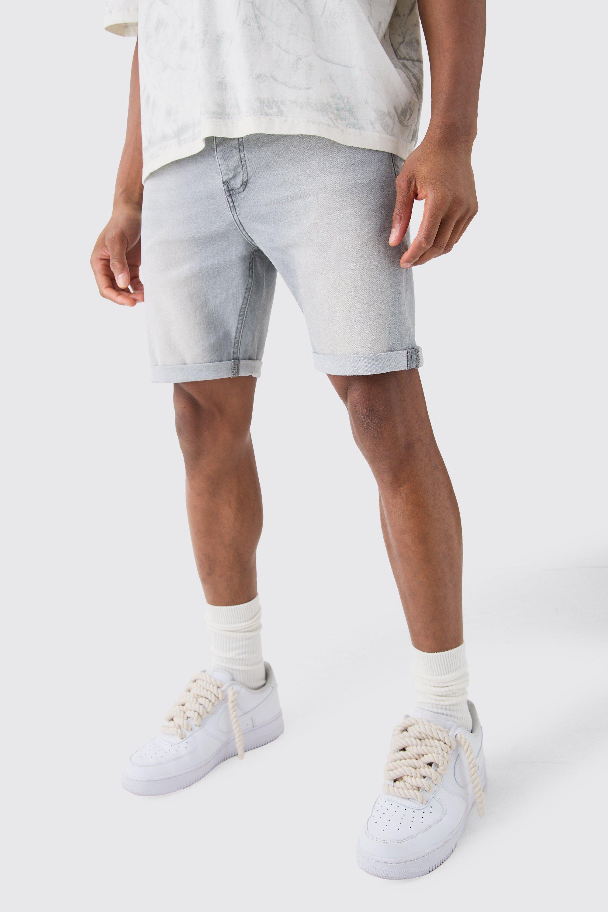 Mens Skinny Stretch Denim Shorts In Light Grey, Grey